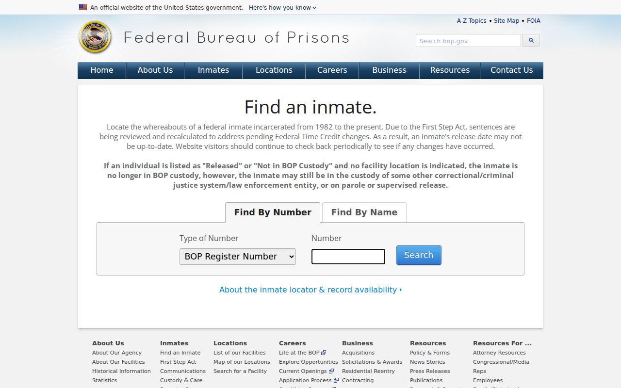 Federal Bureau of Prisons inmate locator search interface