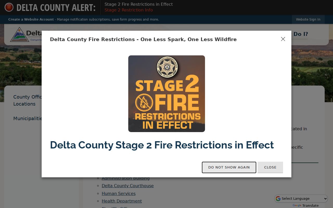 Delta County office directory showing court, sheriff, jail, and probation locations