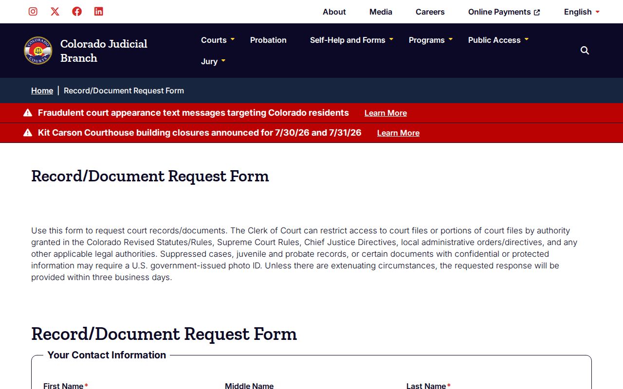 Colorado Judicial Branch court document request form