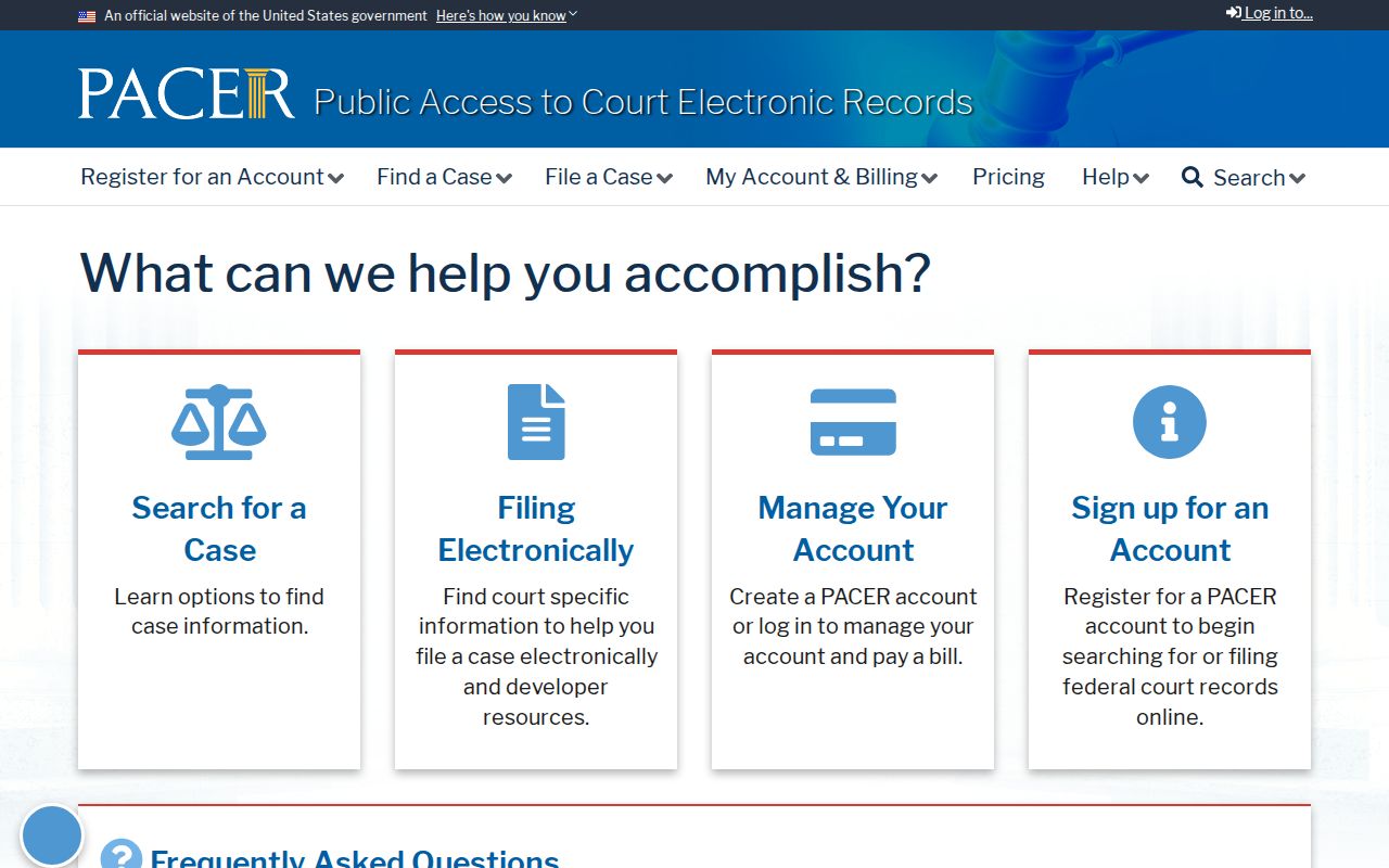 PACER federal court case search and account access page